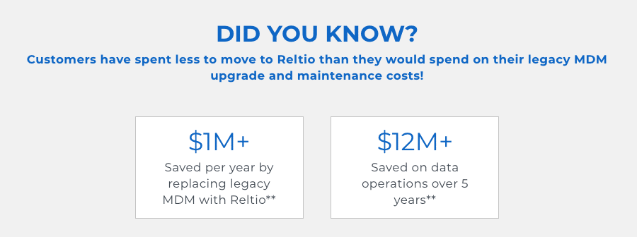 This image quantifies the sayings of a master data migration. One customer measured $1M in savings per year by replacing a legacy MDM with the Reltio Connected Data Platform