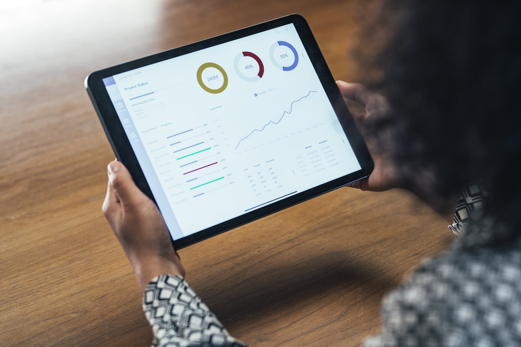 Close Up: Anonymous Businesswoman Analyzing Statistical Business Reports On Her Tablet PC At The Office